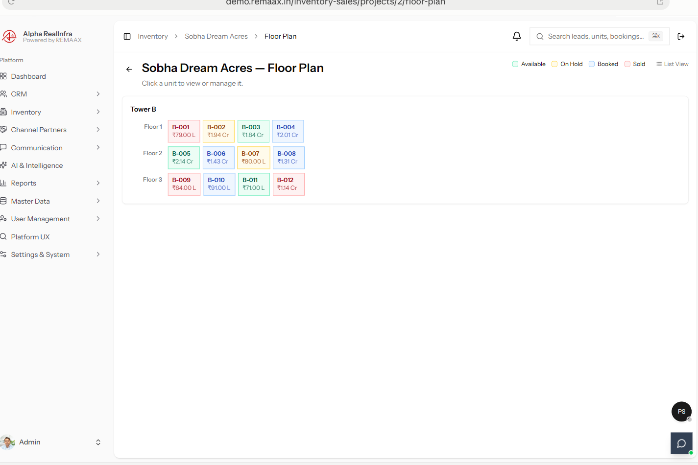 REMEX visual floor plan picker showing units colour-coded by availability, on hold, booked and sold status