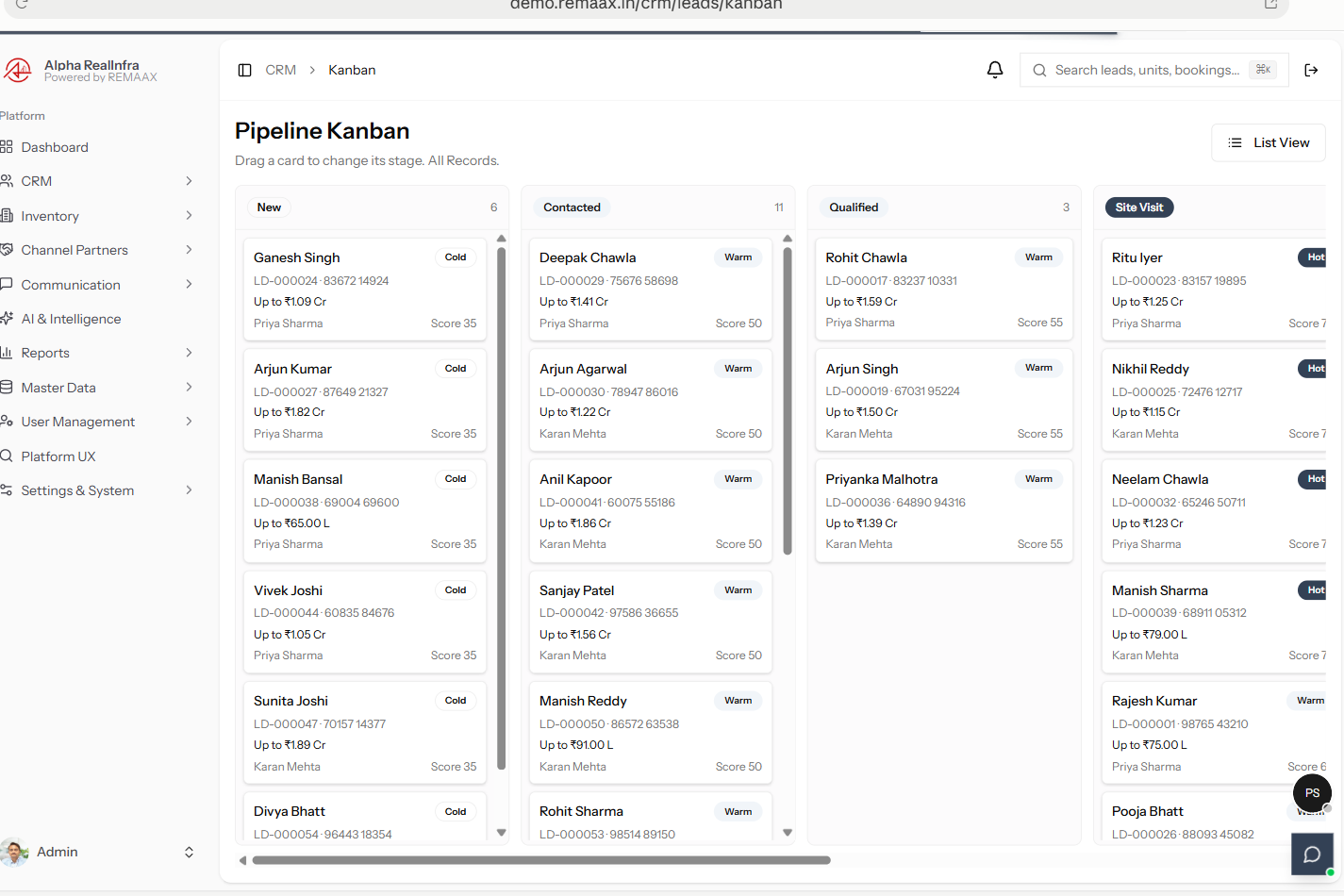 REMEX pipeline Kanban board with lead cards showing priority badges across New, Contacted, Qualified and Site Visit columns