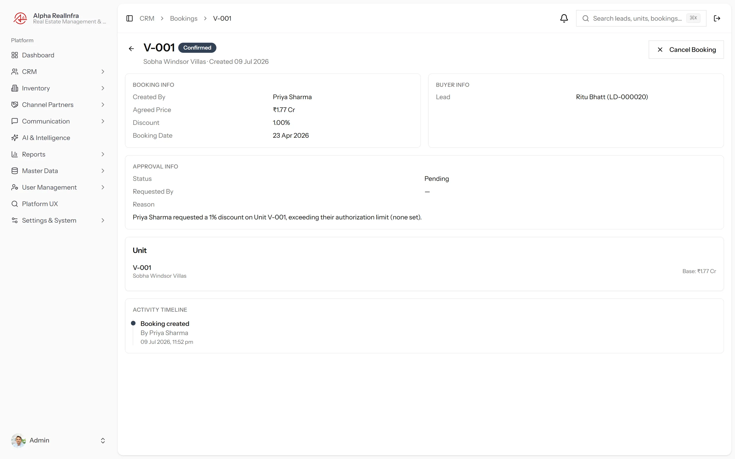 REMEX booking detail showing unit, buyer, price, discount approval trail and confirmation