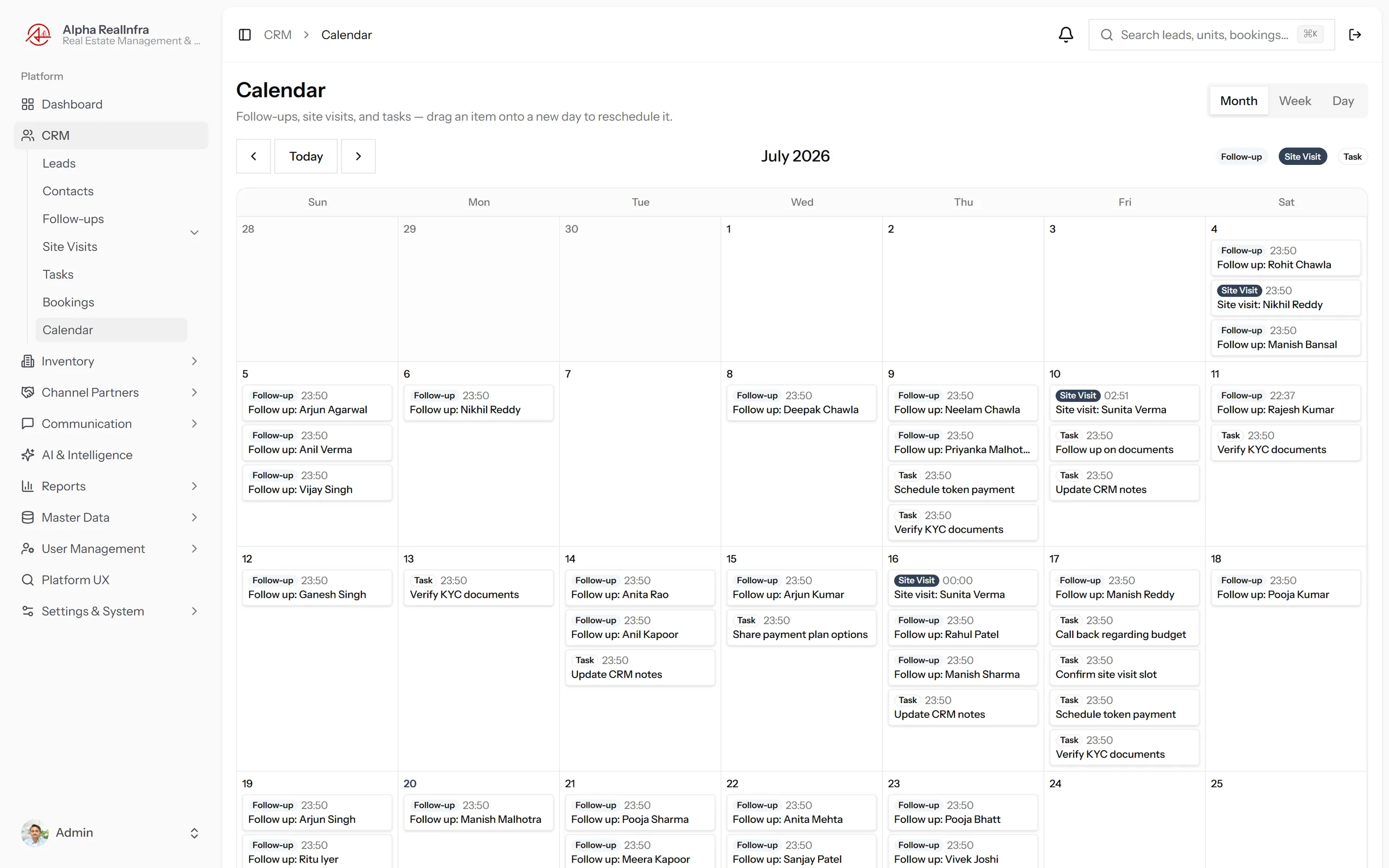 REMEX unified calendar showing follow-ups, site visits and tasks across the team