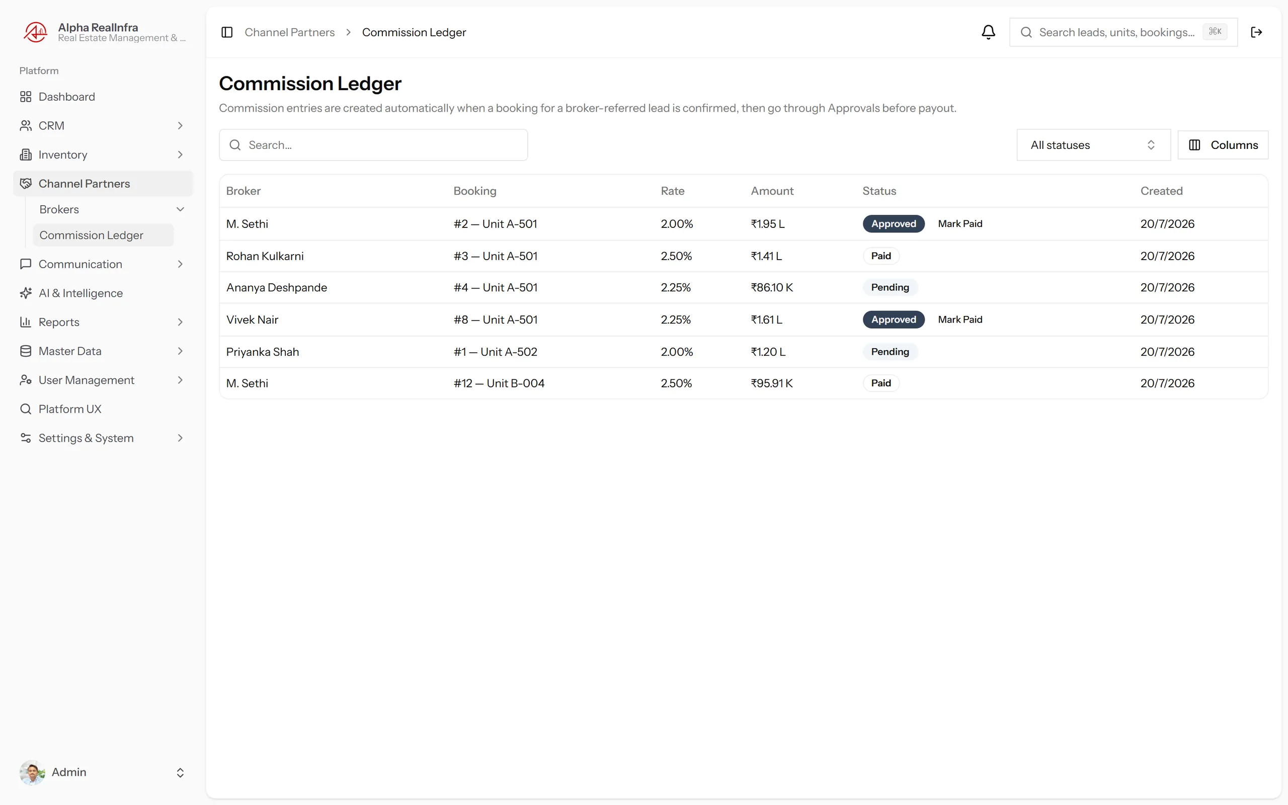 REMEX commission ledger with partner entries showing pending, approved and paid status