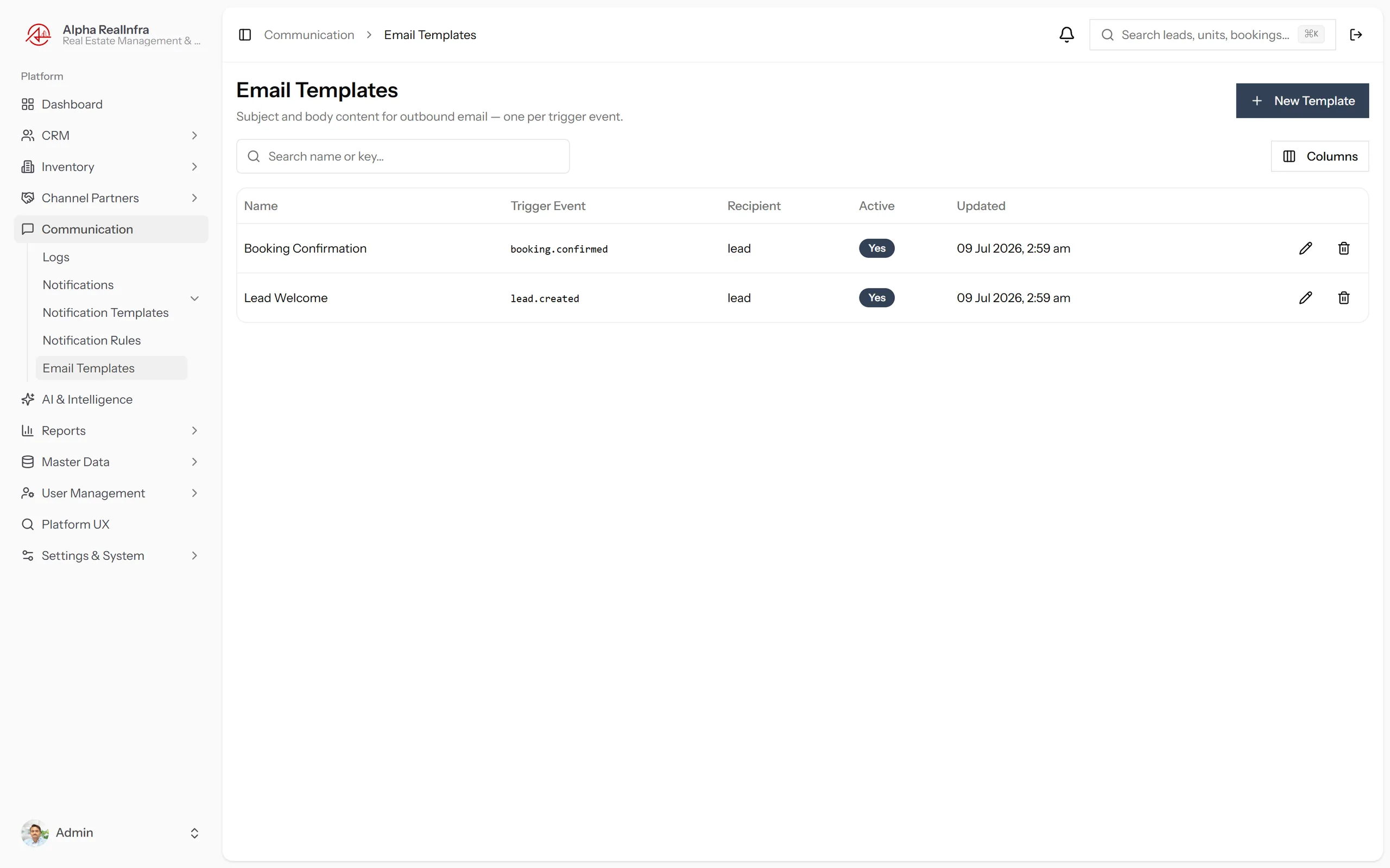 REMEX email templates editor with subject and full message body editable by admin