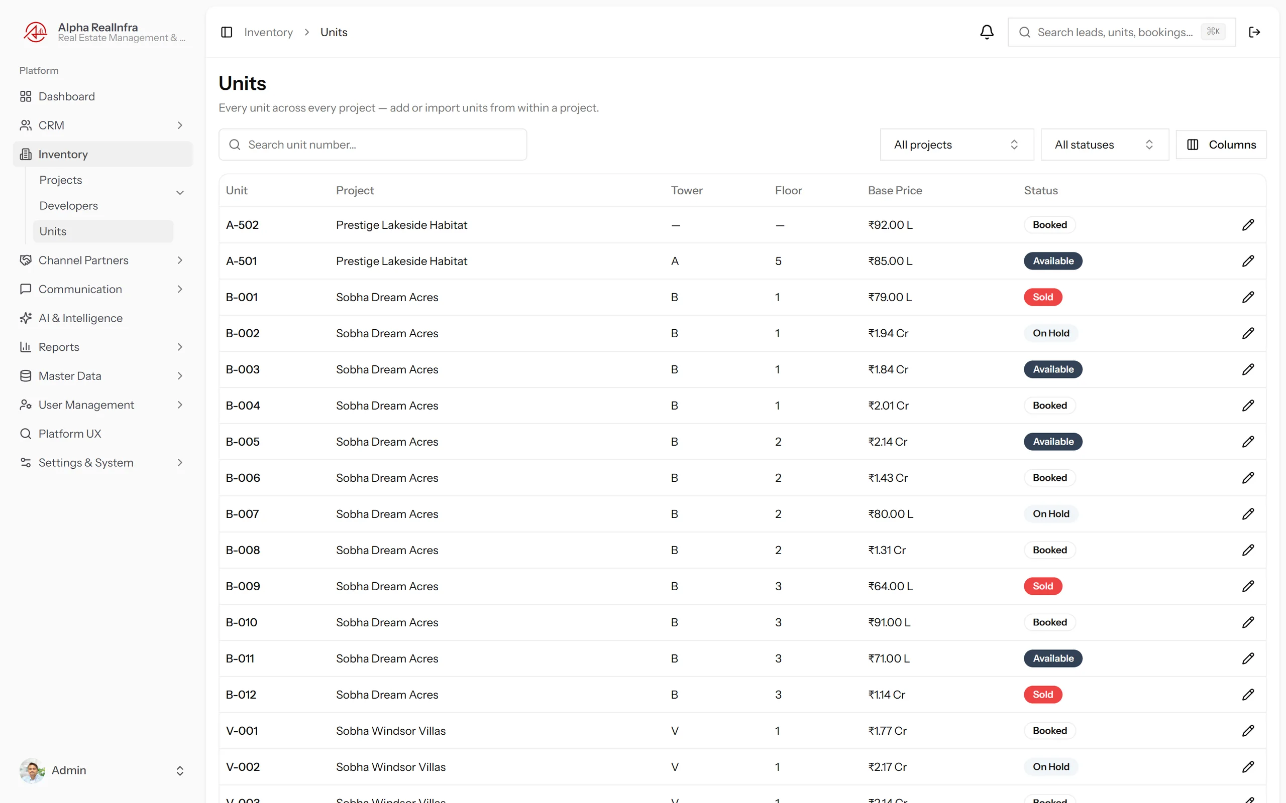 REMEX live unit inventory with hold and availability status