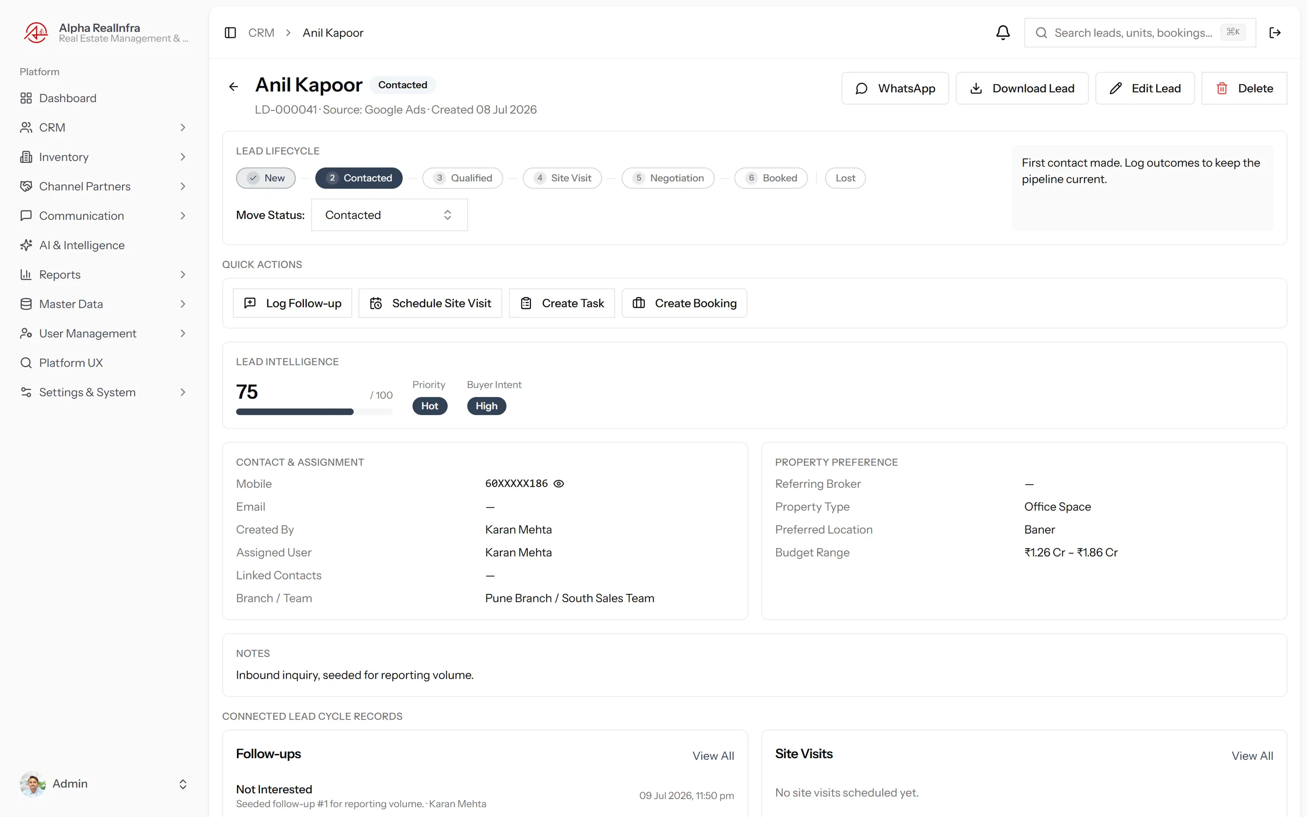 REMEX lead detail showing activity timeline, follow-ups, site visits and bulk action controls