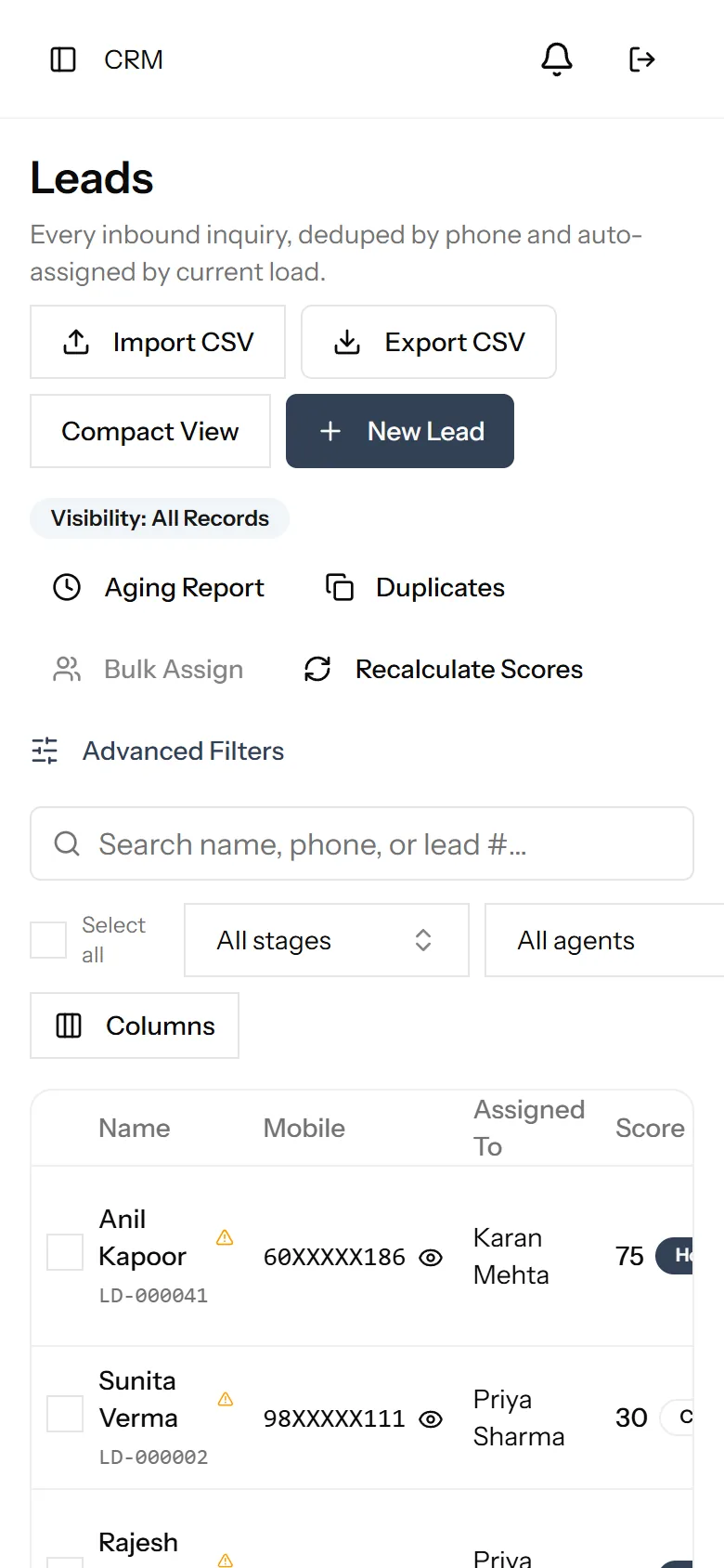 REMEX leads list on mobile showing scored leads with Hot and Warm priority badges