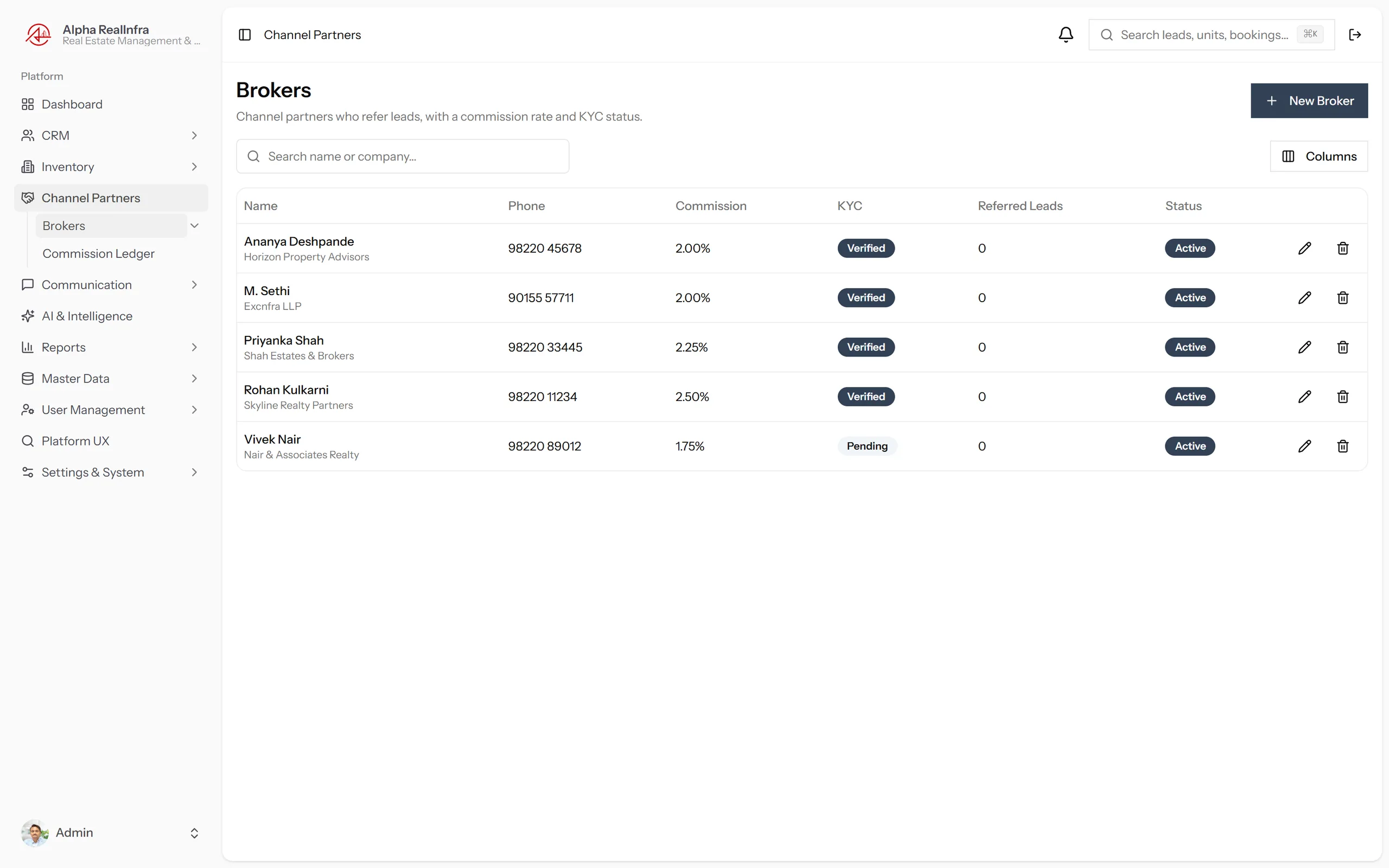 REMEX channel partner directory showing broker list with RERA numbers and KYC status