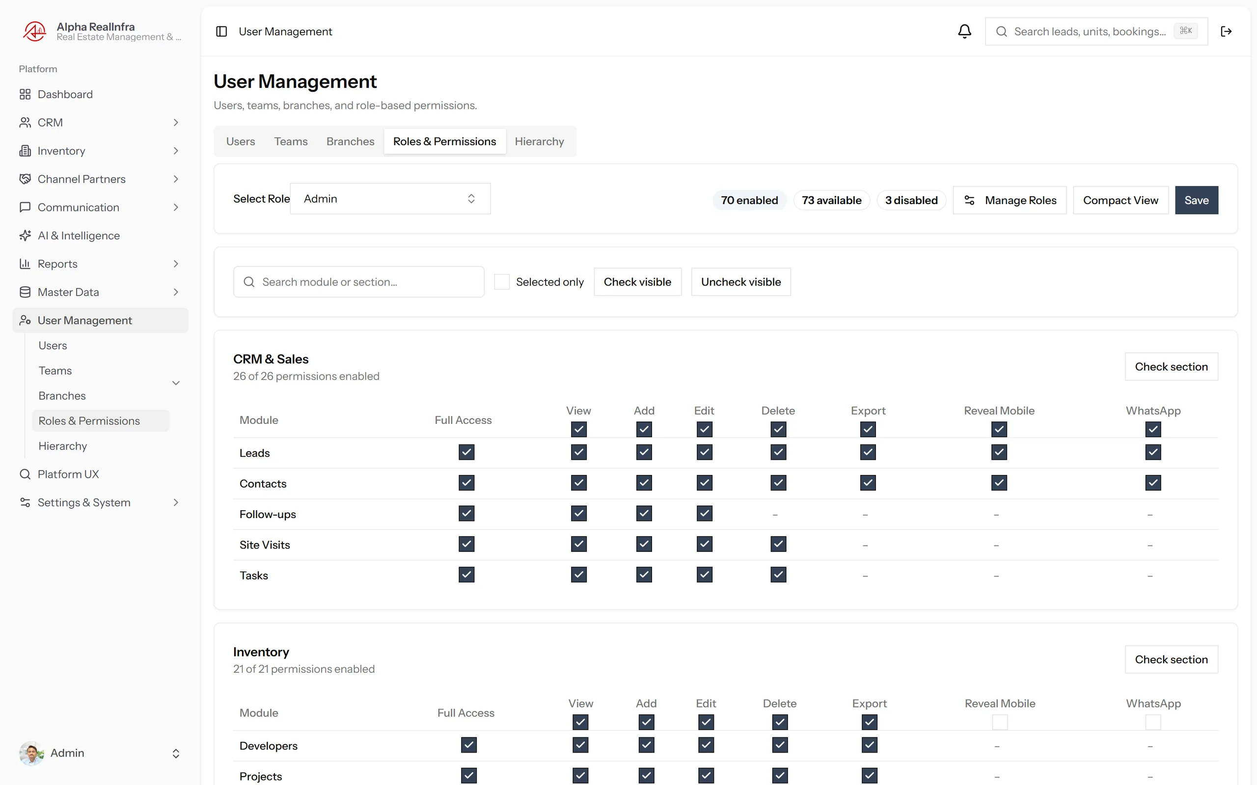REMEX full roles and permissions matrix