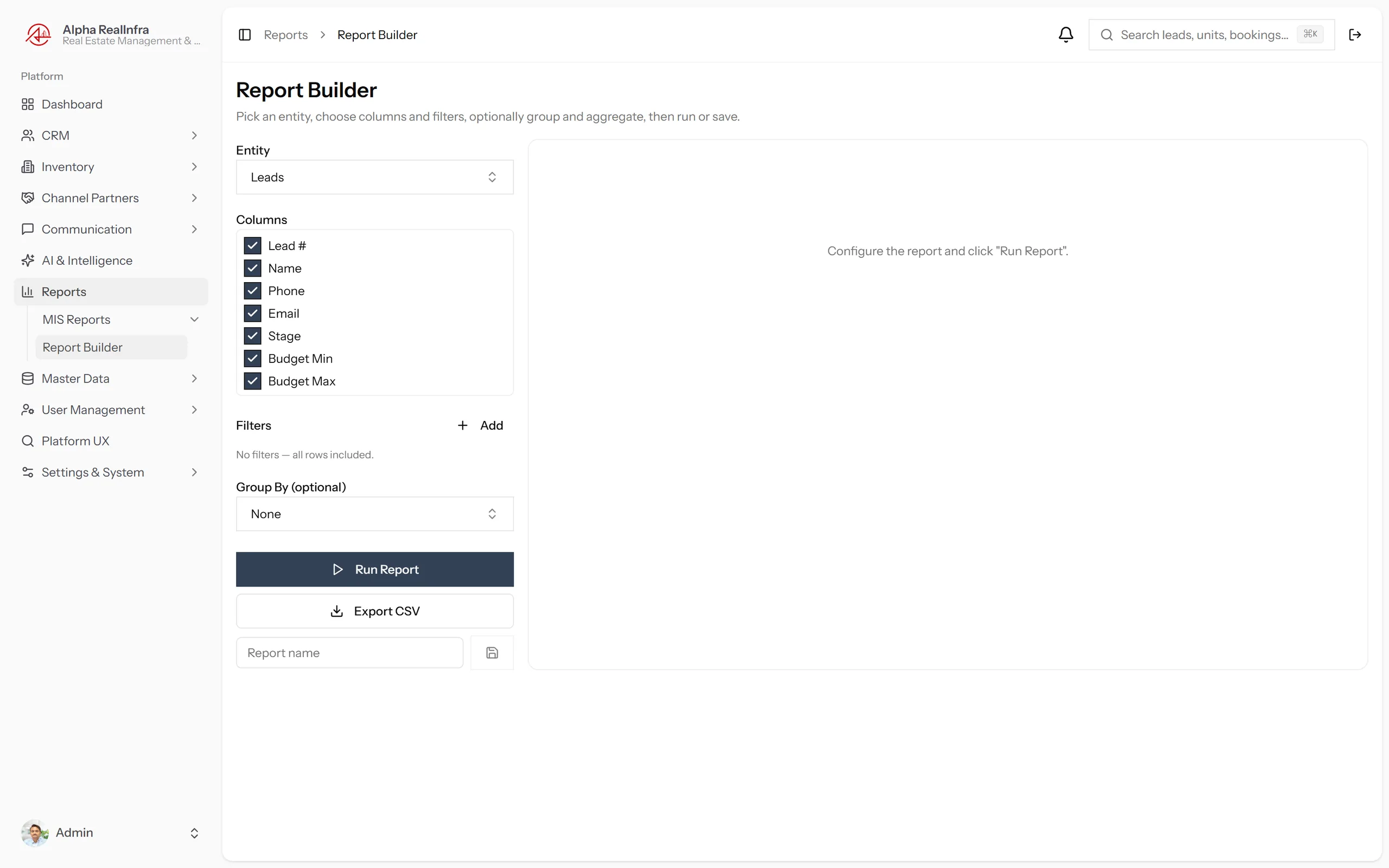 REMEX custom report builder interface