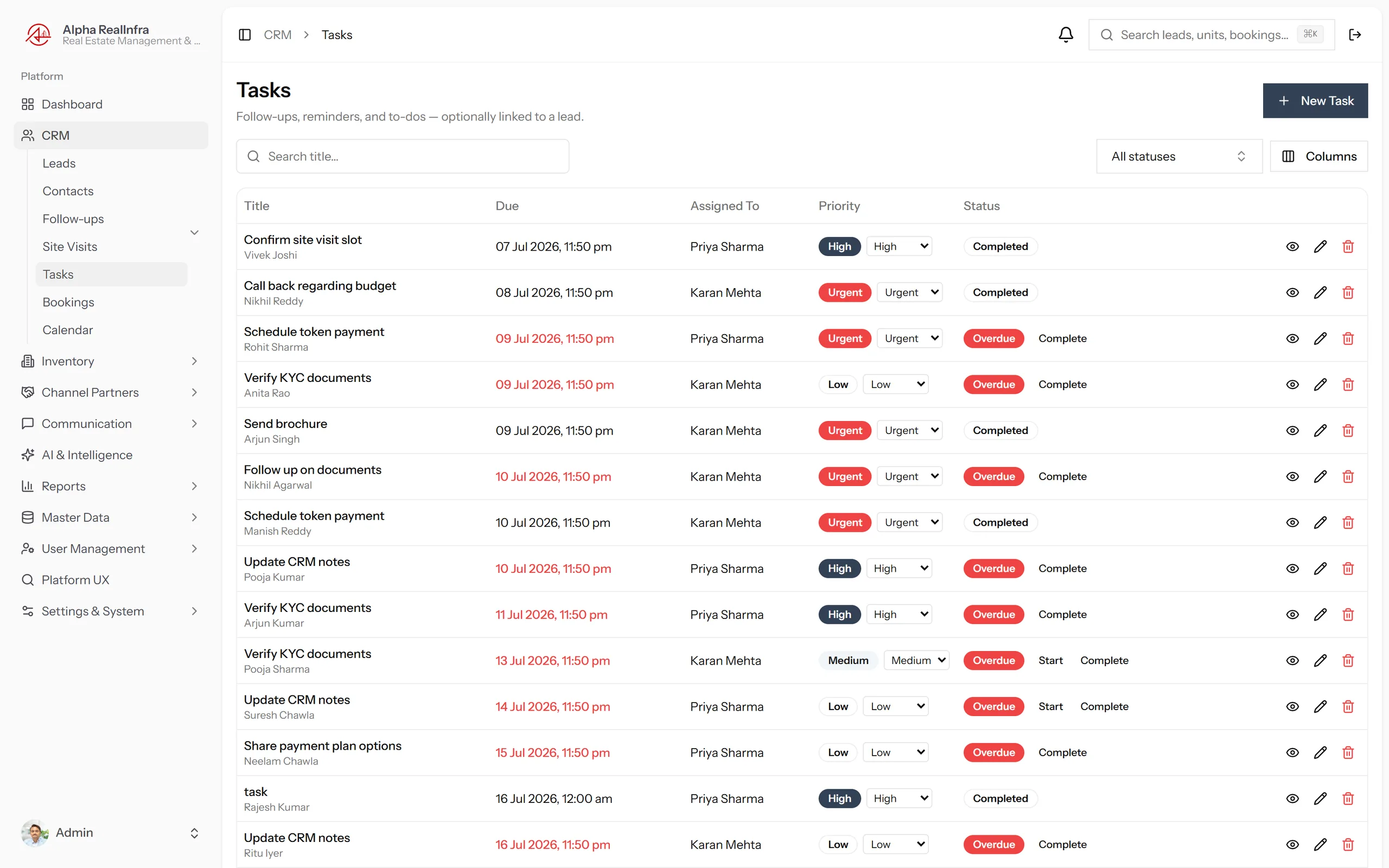REMEX tasks list showing priority levels, assignees and due dates